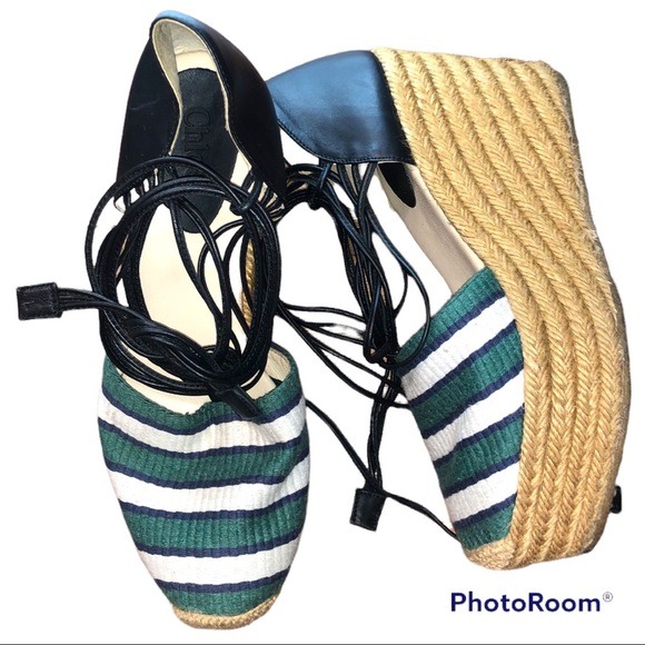Chloe Striped Canvas & Leather Espadrille Wedges - Picture 3 of 6